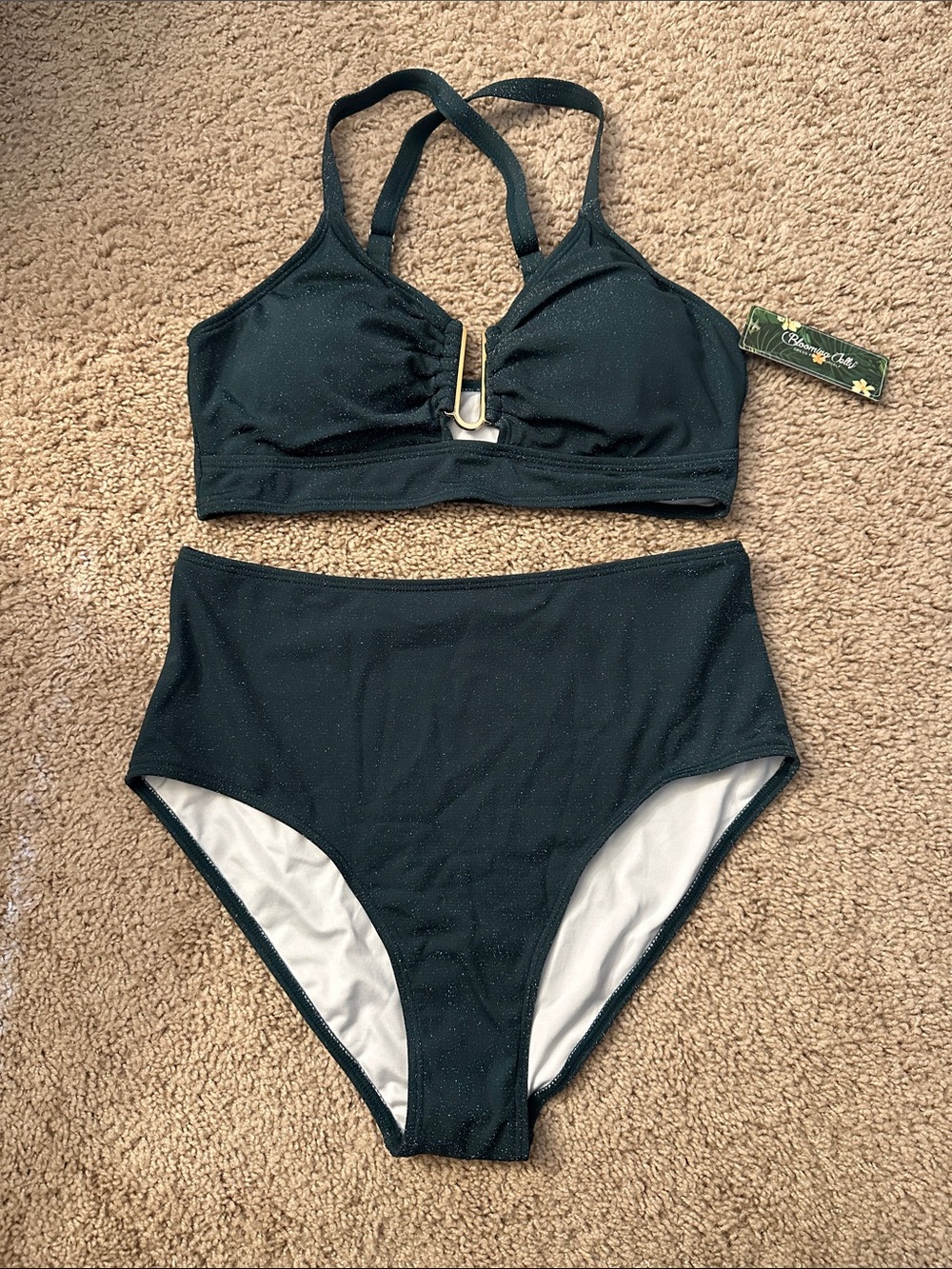Blooming Jelly Sparkle High-Waist Bikini Set with Gold Accent